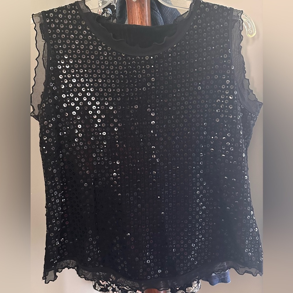 Picadilly Fashion Black Sequin Sleeveless Tank Top pit to pit 19.5 long 20